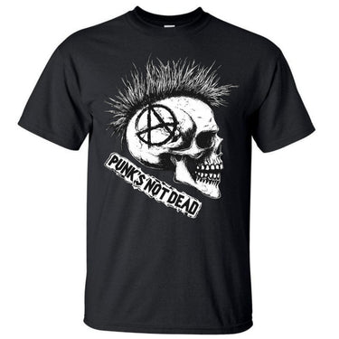 Black t-shirt with a skull and mohawk design and 'Punk's Not Dead' text on a white background